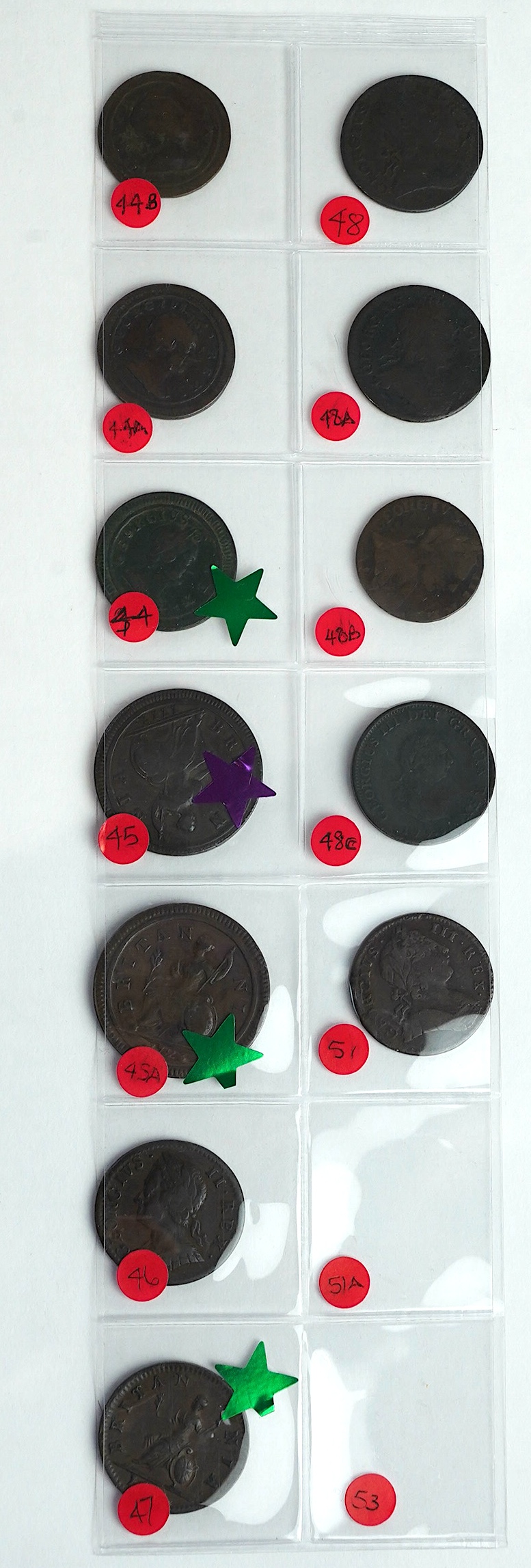 British farthings and halfpennies, Georgian period; two George I halfpenny coins, 1717, graffiti initials each side of portrait bust otherwise fine and 1723, about fine, three George I farthings, including 1719, fine, tw